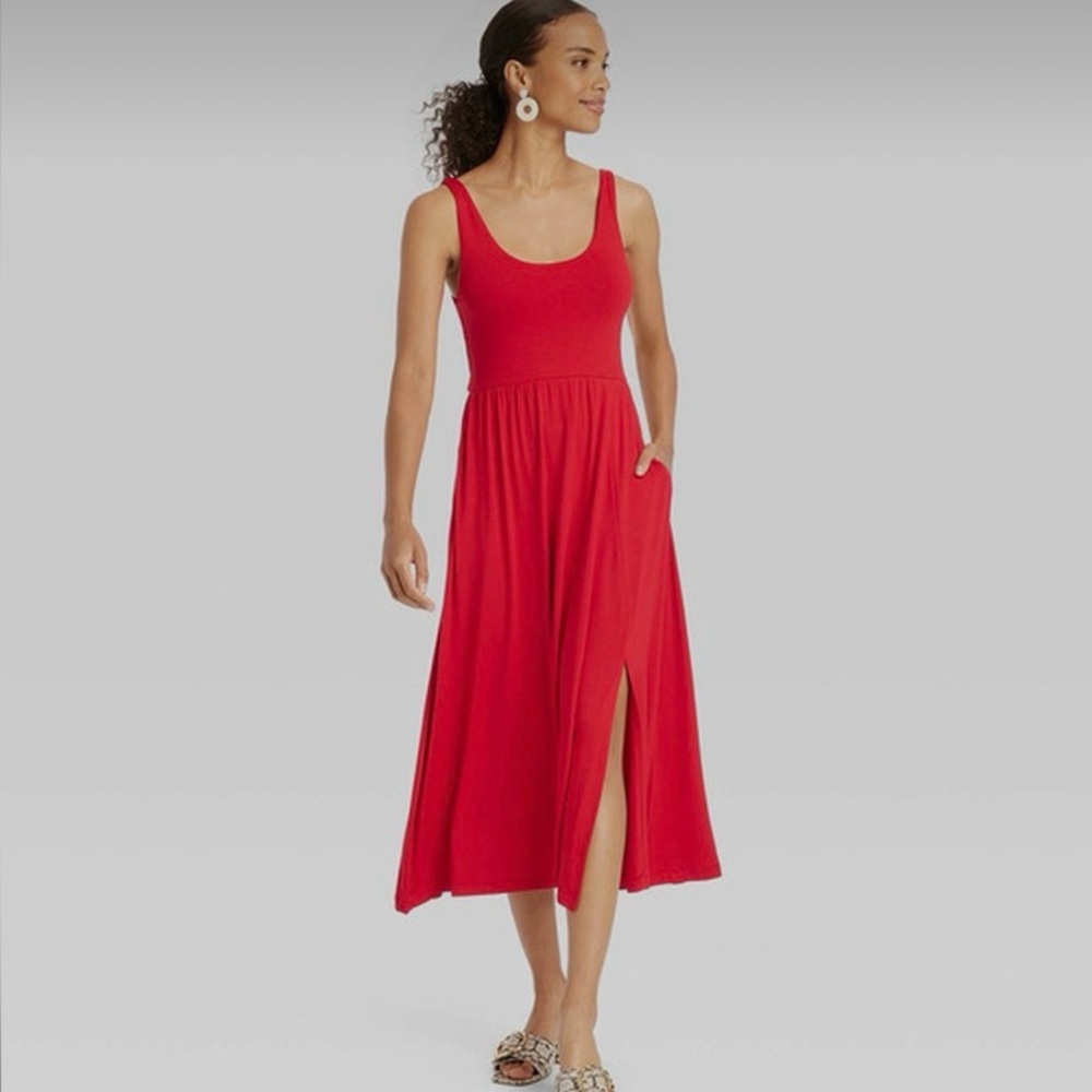 Red midi ballet dress w/slit and pockets sz S